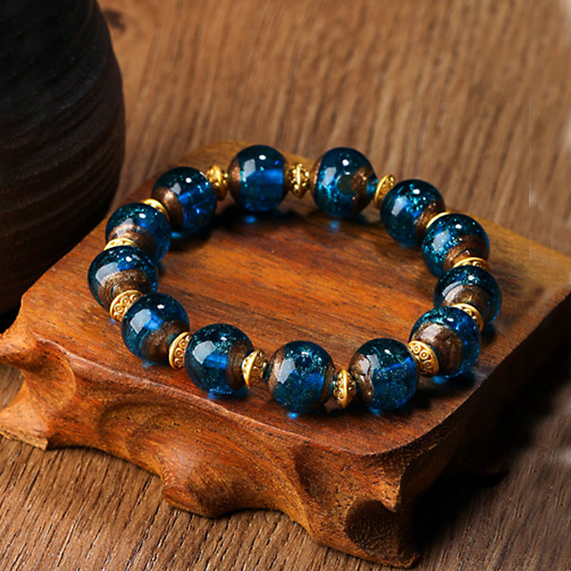 Buddha Stones Gold Swallowing Beast Family Charm Liuli Glass Bead Fortune Bracelet - Touch Bling