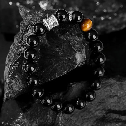 Pulsera de obsidiana negra con ojo de tigre y piedras de Buda en plata de ley 999 con el símbolo del Om Mani Padme Hum 