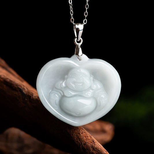 Buddha Stones Halskette mit Anhänger, lachender Buddha, weißer Jade, Glückssegen, 925er Sterlingsilber