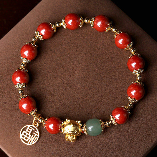 Pulsera con amuleto de bendición de Fu con piedras de Buda del Año del Dragón y cinabrio natural
