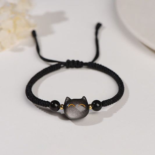 Buddha Stones Handgemachtes natürliches Silberglanz-Obsidian-Erdbeerquarz-Süßes Katzenschutz-Geflochtenes Armband