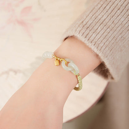 Pulsera trenzada con cuentas de jade hetiano natural de Buda y doble hebilla de paz con carácter Fu 