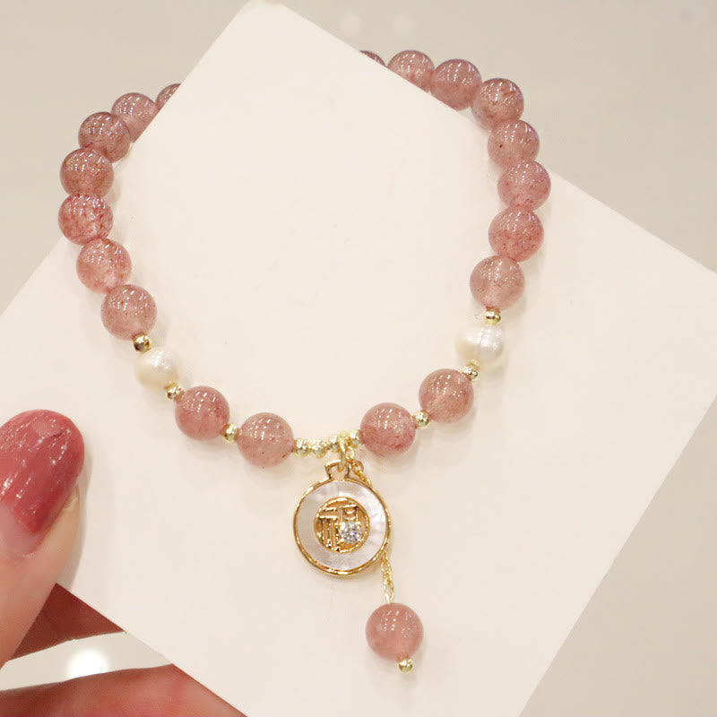 Buddha Stones Erdbeerquarz Perle Elch Smiley Gesicht Fischschwanz Fu Charakter Charm Heilung Armband 