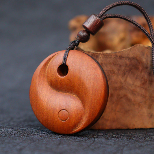 Buddha Stones Lightning Struck Jujube Wood Yin Yang Luck Protection Necklace Pendant