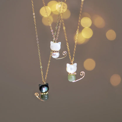 Buddha Stones 14K Gold Plated Pearl Hetian Jade Shell Luck Cat Kitten Necklace Pendant