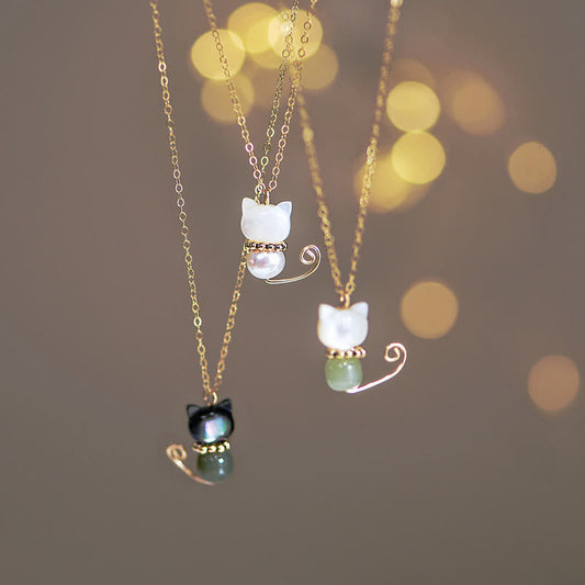Collar con colgante de gato y gatito de la suerte con concha de jade hetiano y perla bañada en oro de 14 quilates con piedras de Buda 