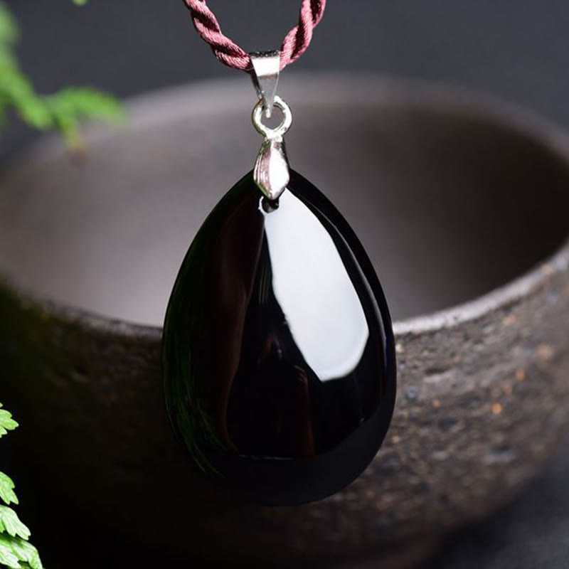 Buddha Stones Gold Sheen Obsidian Black Obsidian Rainbow Obsidian Wealth Water Drop Necklace Pendant - Touch Bling
