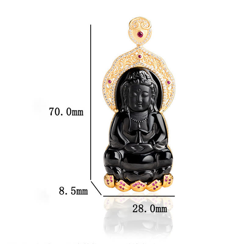Collar con colgante de la riqueza de Kwan Yin Avalokitesvara y jade negro natural en plata de ley 925 con piedras de Buda