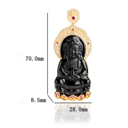 Collar con colgante de la riqueza de Kwan Yin Avalokitesvara y jade negro natural en plata de ley 925 con piedras de Buda