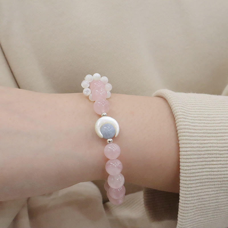 Pulsera de plata de ley 925 con amatista natural, aguamarina y cristal rosa, ojo de gato y luna creciente curativa. 