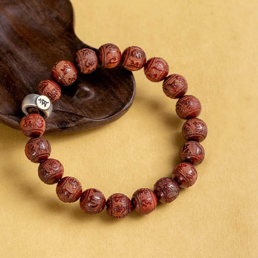 Buddha Stones Chinese Zodiac Natal Buddha Small Leaf Red Sandalwood Om Mani Padme Hum Protection Bracelet