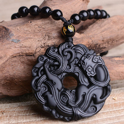 Collar con colgante de purificación Pixiu con hebilla de paz de obsidiana negra natural y piedras de Buda 