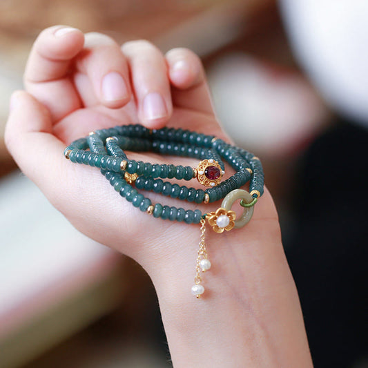 Pulsera de tres vueltas con piedras de Buda, plata de ley 925, chapada en oro, con flor de jade cian y hebilla de paz