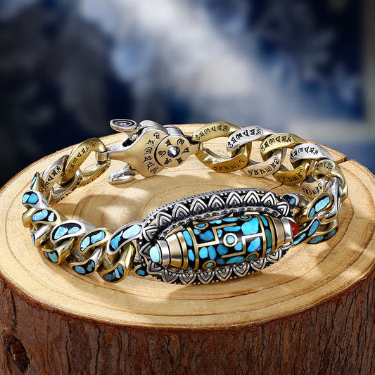 Buddha Stones Tibetische Neun-Augen-Dzi-Perle Om Mani Padme Hum Türkis Schutz drehbares Armband