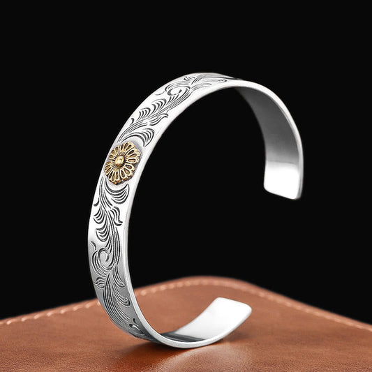 Buddha Stones Tang Dynastie Blumendesign Rose Blume Feder geschnitzt Kupfer Glück Armband Armreif