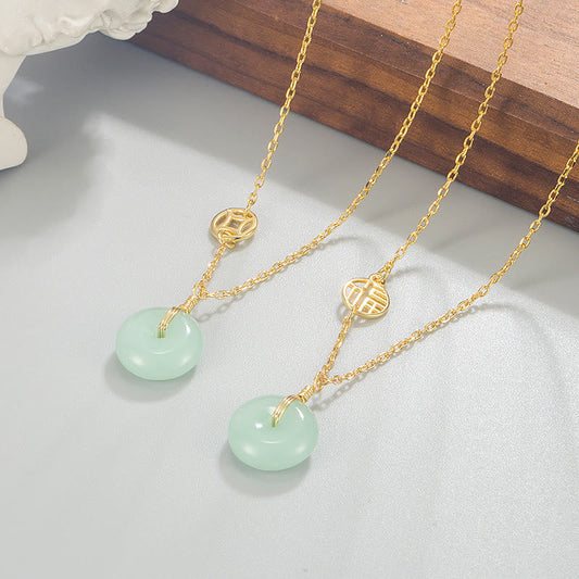 Colgante de collar con hebilla de paz y abundancia con símbolo de jade fu y moneda de cobre y piedras de Buda
