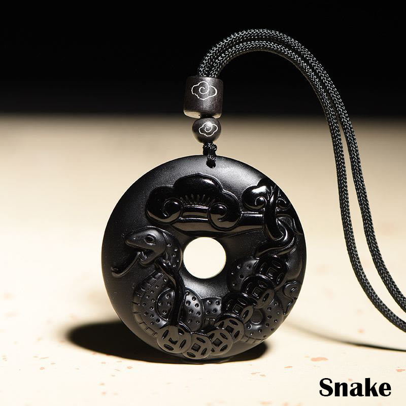 Collar con colgante de obsidiana negra natural con piedras de Buda y hebilla de fuerza del zodiaco chino