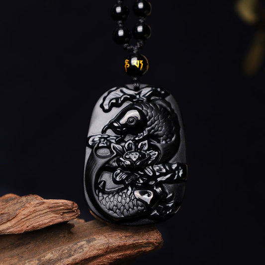 Collar con colgante de cuentas de loto y obsidiana negra natural con piedras de Buda y pez koi 