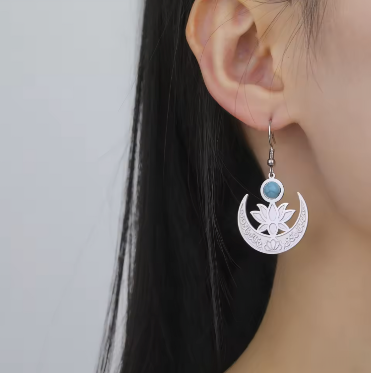 Lotus Moon Turquoise Dangle Earrings