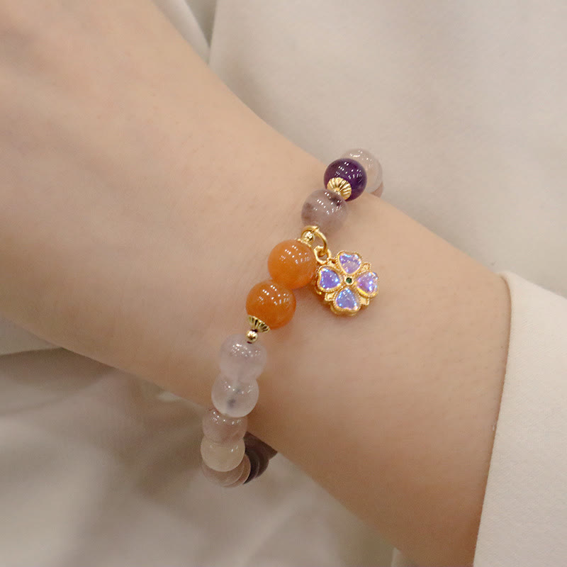 Pulsera de cuentas de Buda con cuentas de jade, seda dorada y morada natural, con flor violeta y dije de riqueza 