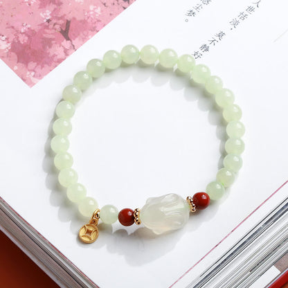 Buddha Stones 925 Sterling Silver Plated Gold Natural Hetian Jade Bead Gourd Lotus Bamboo Fu Character Luck Bracelet