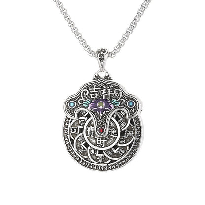 Collar con colgante de riqueza con monedas de cobre, flor de peonía y piedras de Buda