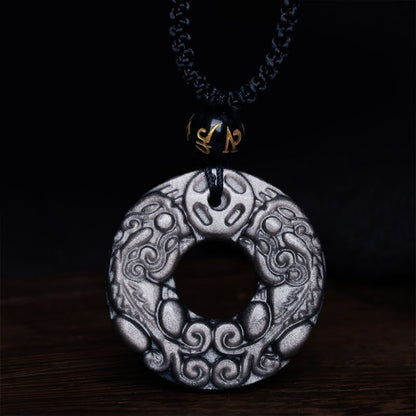 Collar con colgante de obsidiana con doble PiXiu, moneda de cobre, hebilla de paz y protección, con piedras de Buda y brillo de plata natural