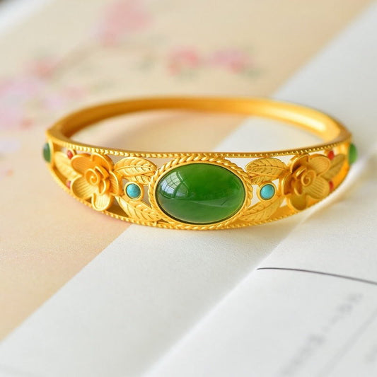 Buddha Stones Cyan Jade Weiß Jade Blume Blatt Harmonie Glück Armband Armreif