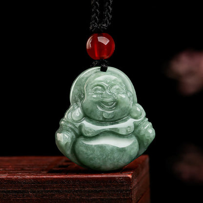 Collar con colgante de Buda sonriente de jade verde natural con piedras de Buda y la suerte de la abundancia