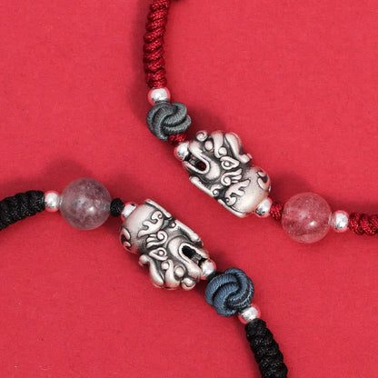 Pulsera trenzada de plata de ley 999 con cuentas de cuarzo fresa PiXiu y piedras de Buda para la riqueza y la suerte 