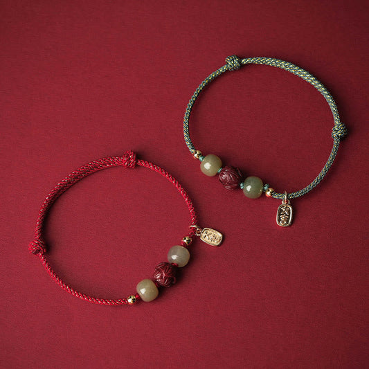 Pulsera de cuerda artesanal con piedras de Buda, jade hetiano, cinabrio y loto de la suerte, chapada en oro de 14 quilates 