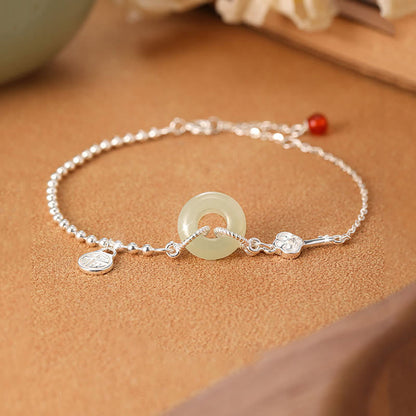 Buddha Stones 925 Sterling Silver Hetian Jade Peace Buckle Fu Character Luck Chain Bracelet