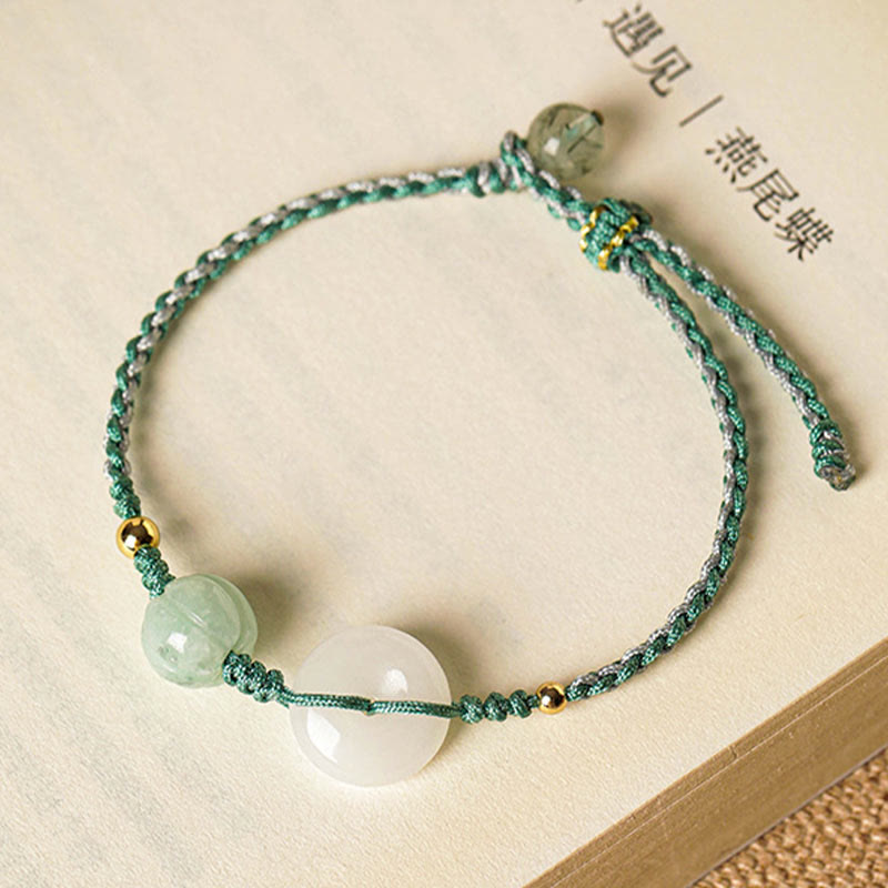 Pulsera trenzada con cuentas de calabaza y hebilla de paz de jade blanco y piedras de Buda para bendición de la suerte