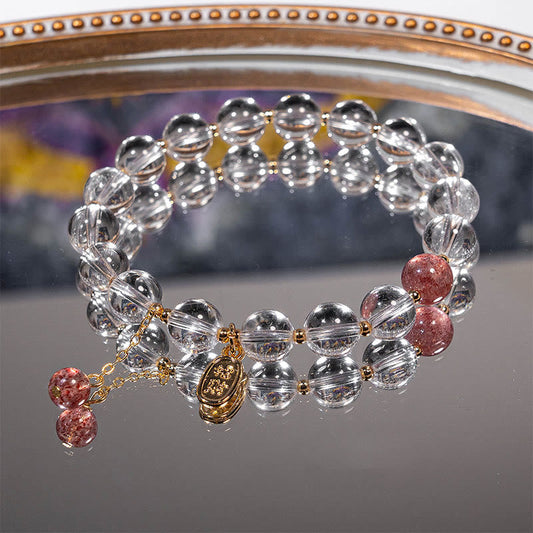 Pulsera de amuleto curativo de cuarzo fresa con cristales blancos de Buda para atraer la fortuna