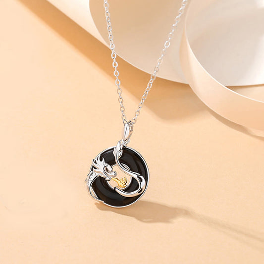 Collar con colgante de plata de ley 925 con piedras de Buda, año del dragón, ónix negro natural, calcedonia, dragón, fénix y hebilla de paz.