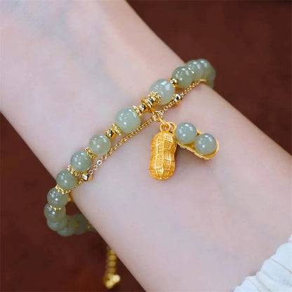 Pulsera de cuentas con piedras de Buda, hojas de jade, ginkgo, tulipán, cacahuete y carácter Fu, con la suerte