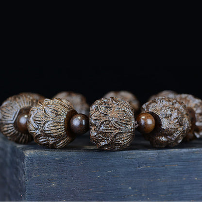 Pulsera de equilibrio con grabado de dragón de loto y dieciocho arhats de madera de ébano y piedras de Buda 