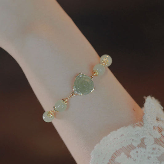 Pulsera de cadena de la suerte con piedras de Buda, chapada en oro de 14 quilates, con jade hetiano y flor rosa