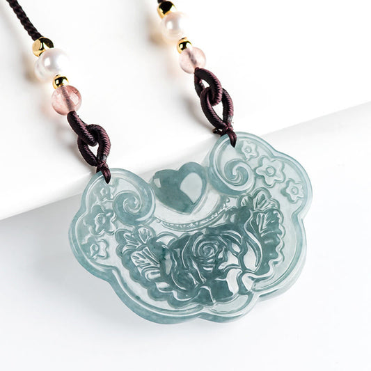 Collar con colgante de flor de peonía de jade natural y piedras de Buda con candado de buenos deseos y prosperidad