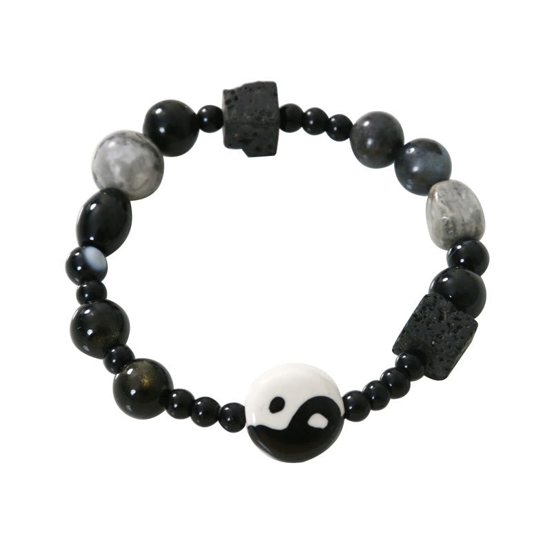 Pulsera de protección de la fortuna Yin Yang con cuentas de jaspe Picasso de ónix negro y piedras de Buda
