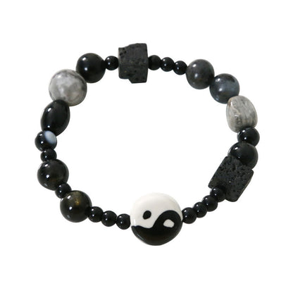 Pulsera de protección de la fortuna Yin Yang con cuentas de jaspe Picasso de ónix negro y piedras de Buda