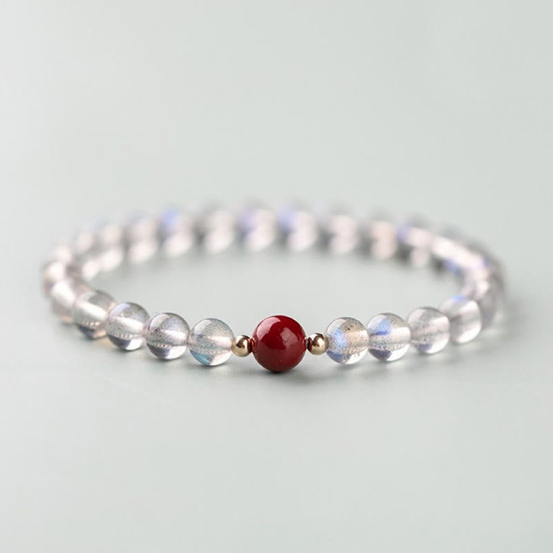 Pulsera de piedras de Buda con piedra lunar, cristal rosa y cinabrio, con propiedades curativas positivas 