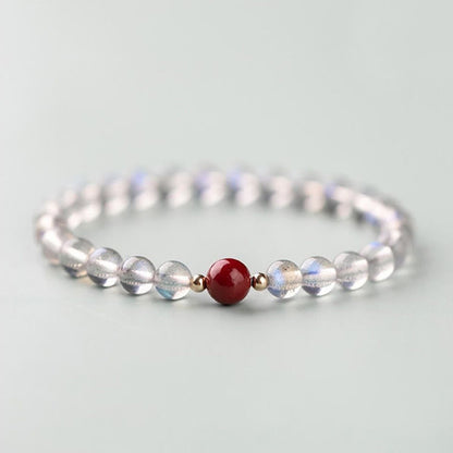 Pulsera de piedras de Buda con piedra lunar, cristal rosa y cinabrio, con propiedades curativas positivas 