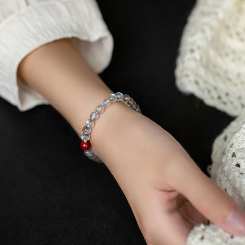Pulsera de piedras de Buda con piedra lunar, cristal rosa y cinabrio, con propiedades curativas positivas 