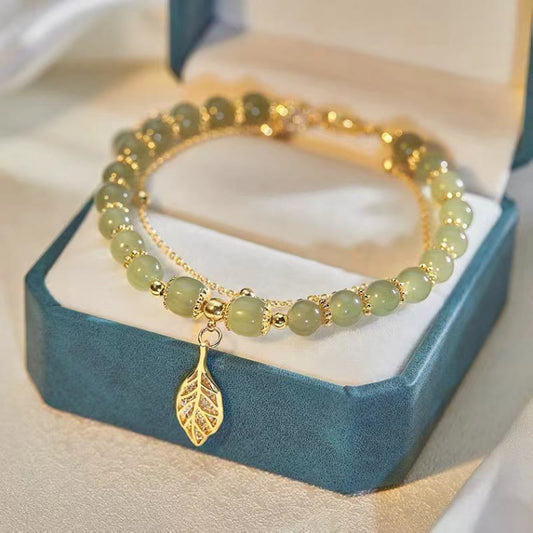 Pulsera de cuentas con piedras de Buda, hojas de jade, ginkgo, tulipán, cacahuete y carácter Fu, con la suerte