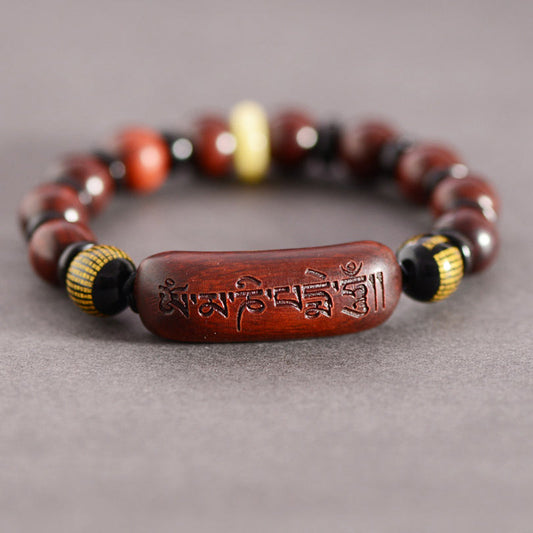Pulsera de protección con piedras de Buda, hoja pequeña de sándalo rojo y grabado Om Mani Padme Hum