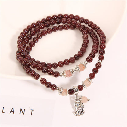 Buddha Stones Natürlicher Granat Erdbeerquarz Grüne Bohnen PiXiu Schutz Dreifach-Wickelarmband 