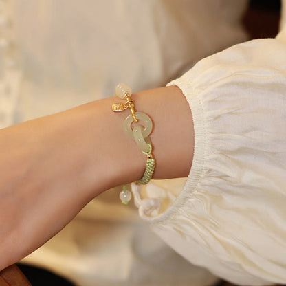 Pulsera trenzada con cuentas de jade hetiano natural de Buda y doble hebilla de paz con carácter Fu 