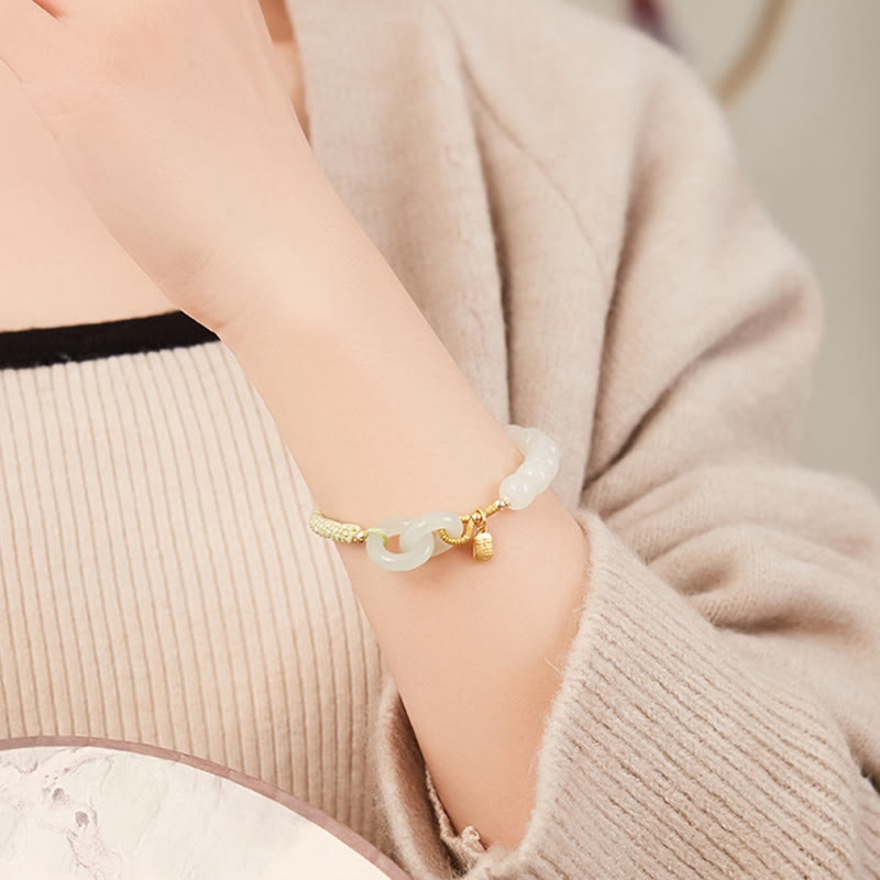 Pulsera trenzada con cuentas de jade hetiano natural de Buda y doble hebilla de paz con carácter Fu 