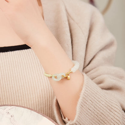 Pulsera trenzada con cuentas de jade hetiano natural de Buda y doble hebilla de paz con carácter Fu 